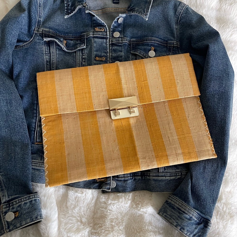 The Good People clutch bag Yellow Beige Striped women’s Raffia clutch bag New - Picture 7 of 12